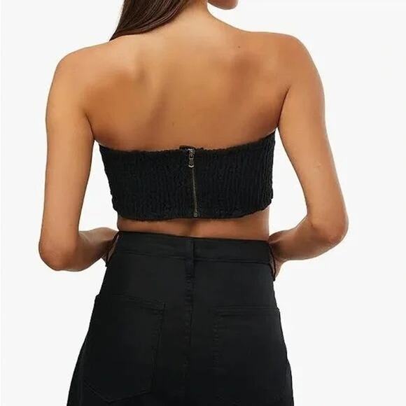 NWT WeWoreWhat Smocked Bandeau Top Sleeveless Zip Hook Eye‎ Back Closure M Black - Picture 9 of 16